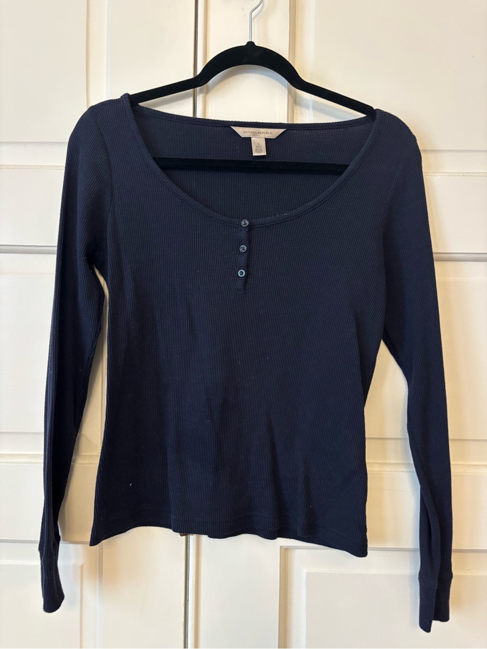 Banana Republic Dark Navy Ribbed Scoop-Neck Henley Long Sleeve